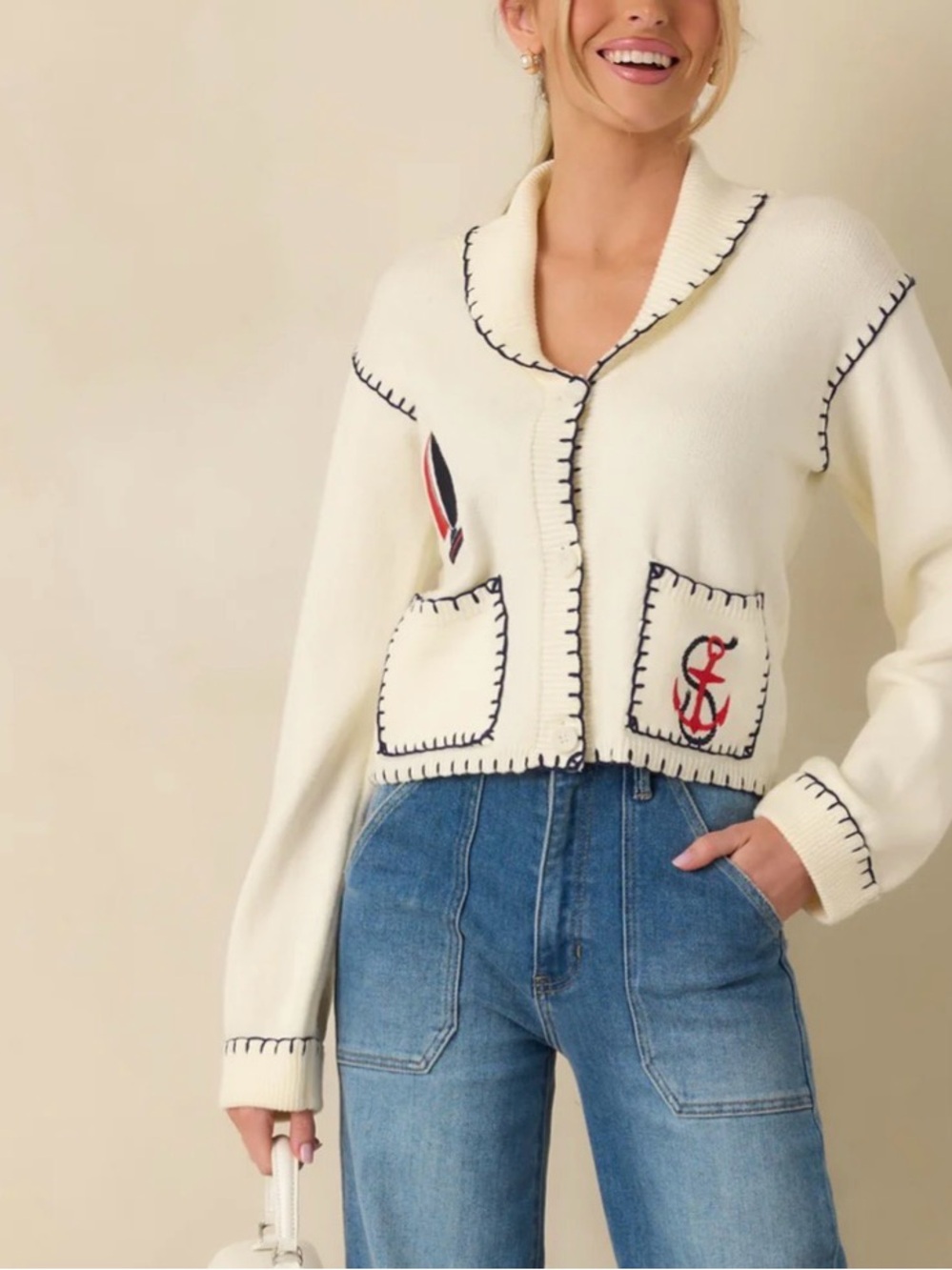 Bailey Rose First Mate Nautical Embroidered Knit Cardigan NWT Cream L